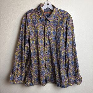 Alan Flusser‎ XL Men's Long Sleeve Blue Yellow Floral Button Down Vibrant
